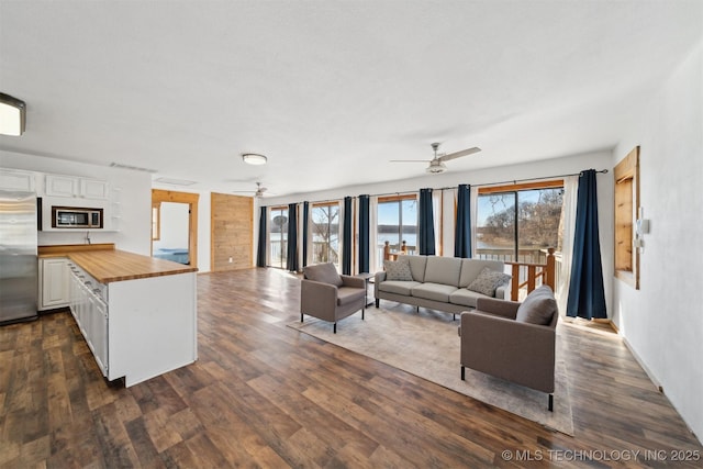 living room featuring ceiling fan and dark wood-type flooring