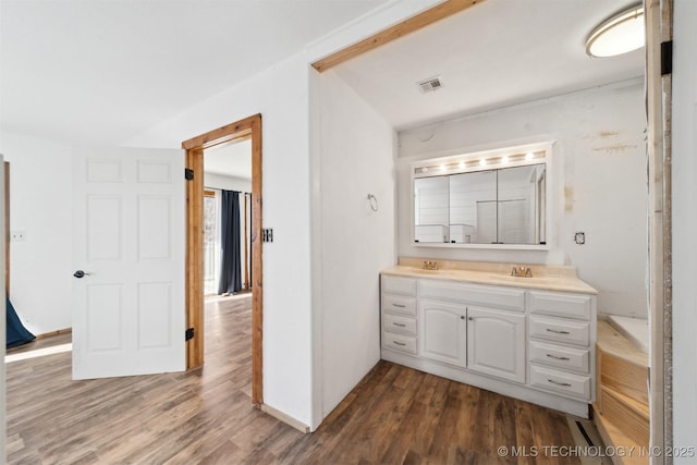 bathroom with hardwood / wood-style floors and vanity