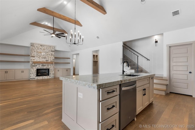 kitchen featuring open floor plan, visible vents, a center island with sink, and pendant lighting