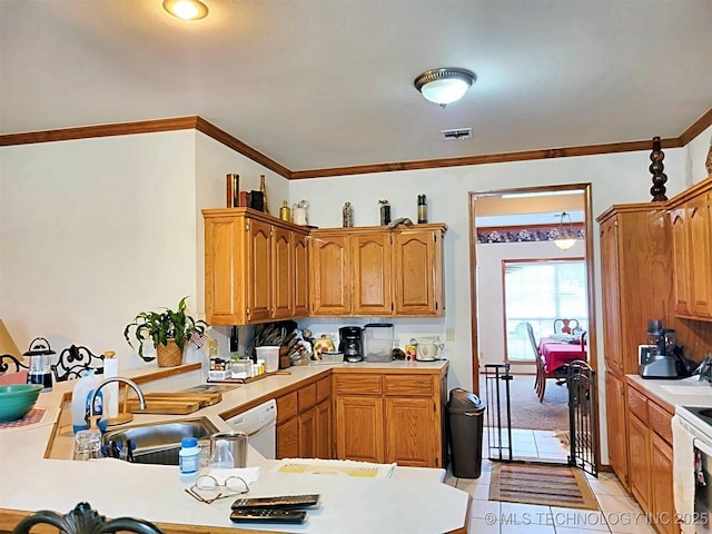 kitchen featuring dishwasher, sink, ornamental molding, kitchen peninsula, and light tile patterned floors