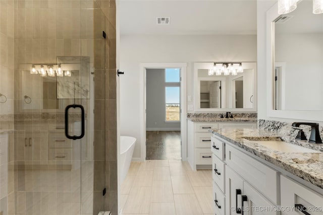 bathroom featuring vanity and separate shower and tub