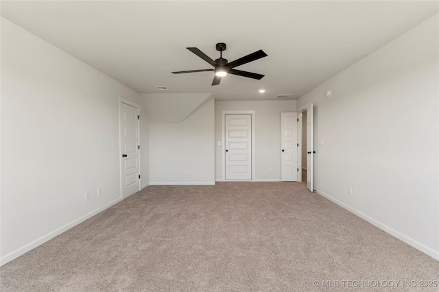 unfurnished bedroom with light carpet and ceiling fan