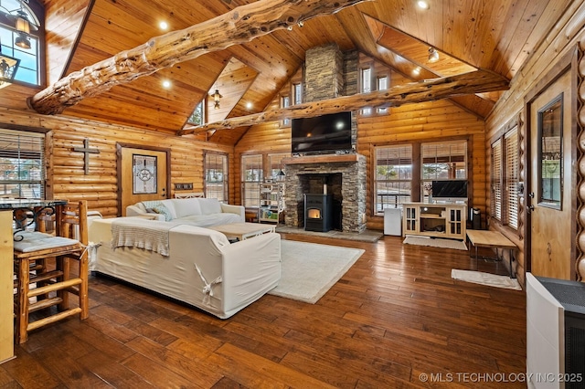 living room featuring log walls, dark hardwood / wood-style flooring, a wood stove, high vaulted ceiling, and wooden ceiling