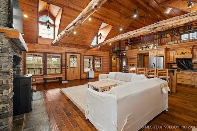 living room featuring dark hardwood / wood-style floors, high vaulted ceiling, wood walls, beamed ceiling, and wood ceiling