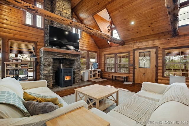 living room with rustic walls, hardwood / wood-style floors, high vaulted ceiling, wooden ceiling, and a wood stove