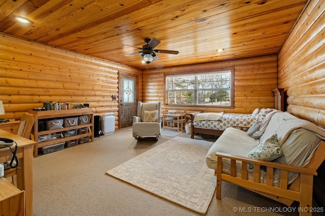 living area featuring wooden ceiling, carpet, log walls, and ceiling fan