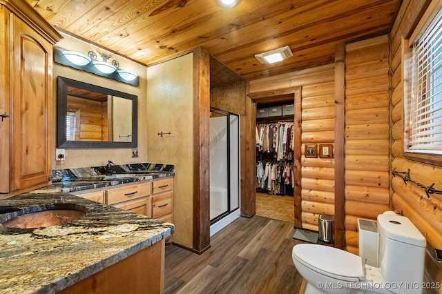 bathroom with wood ceiling, wood-type flooring, rustic walls, and walk in shower