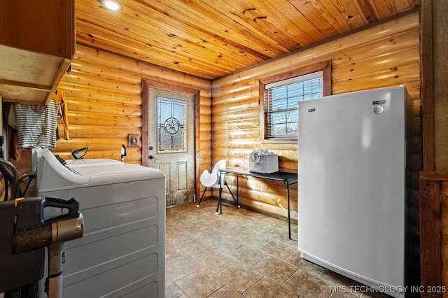 clothes washing area with cabinets, log walls, and wooden ceiling