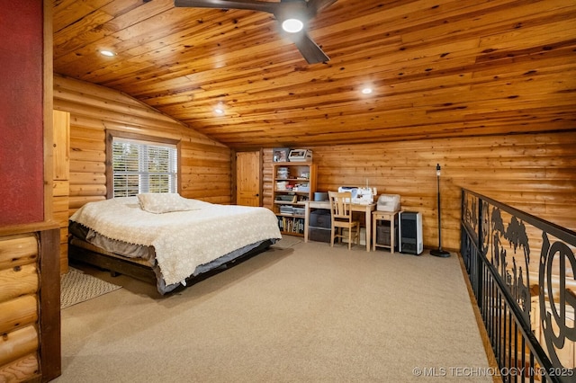 carpeted bedroom featuring lofted ceiling, log walls, wooden ceiling, and ceiling fan