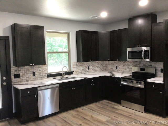 kitchen featuring appliances with stainless steel finishes, backsplash, light hardwood / wood-style flooring, and sink