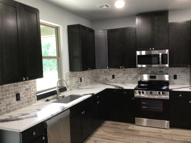 kitchen with light wood-type flooring, stainless steel appliances, backsplash, and sink