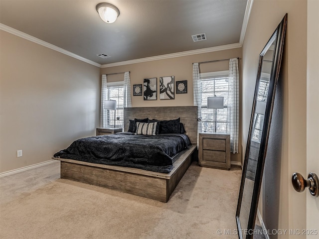 carpeted bedroom with ornamental molding and multiple windows