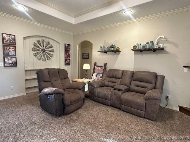 carpeted living room featuring a raised ceiling and ornamental molding