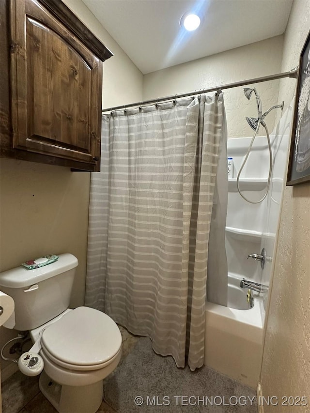 bathroom with toilet and shower / bathtub combination with curtain