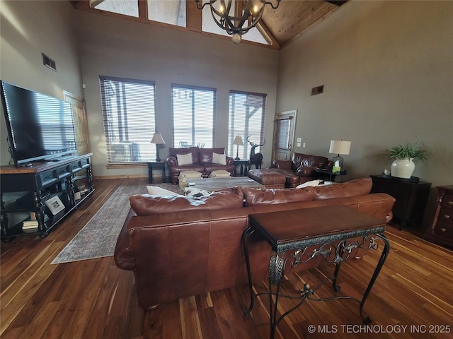 living room featuring a notable chandelier, dark hardwood / wood-style flooring, wood ceiling, and high vaulted ceiling