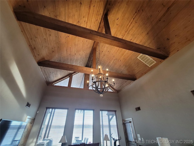 room details with wooden ceiling, beamed ceiling, and an inviting chandelier