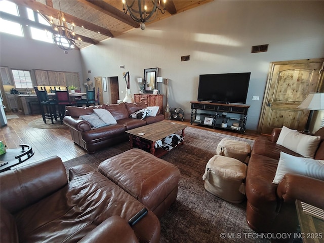 living room featuring a notable chandelier, wooden ceiling, beamed ceiling, and high vaulted ceiling