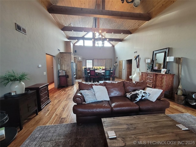 living room with an inviting chandelier, beamed ceiling, wood ceiling, and high vaulted ceiling