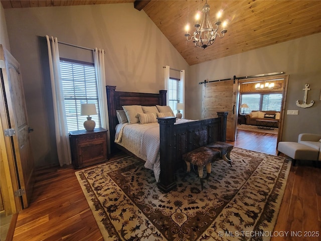 bedroom featuring wood ceiling, dark hardwood / wood-style flooring, beamed ceiling, a notable chandelier, and a barn door