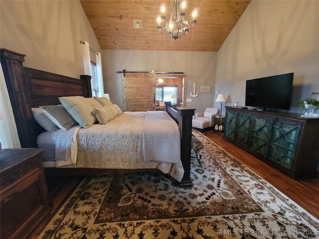 bedroom with vaulted ceiling, wooden ceiling, a chandelier, and hardwood / wood-style flooring