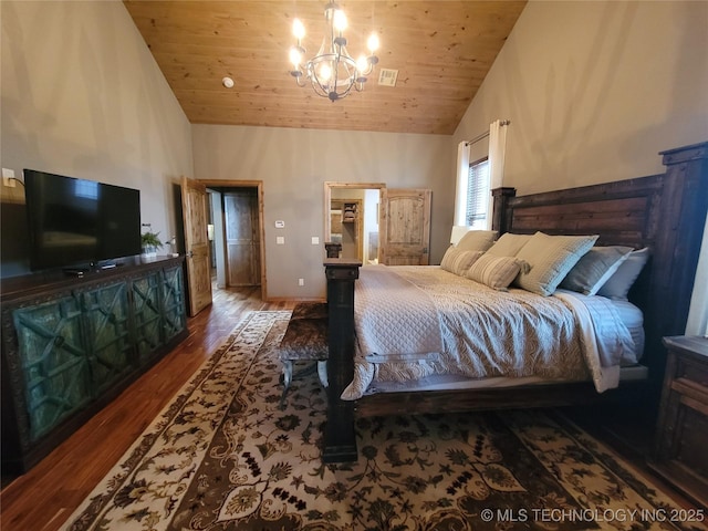 bedroom with an inviting chandelier, wood ceiling, dark hardwood / wood-style floors, and high vaulted ceiling