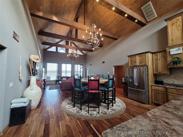 dining area featuring high vaulted ceiling, wooden ceiling, a notable chandelier, and dark wood-type flooring