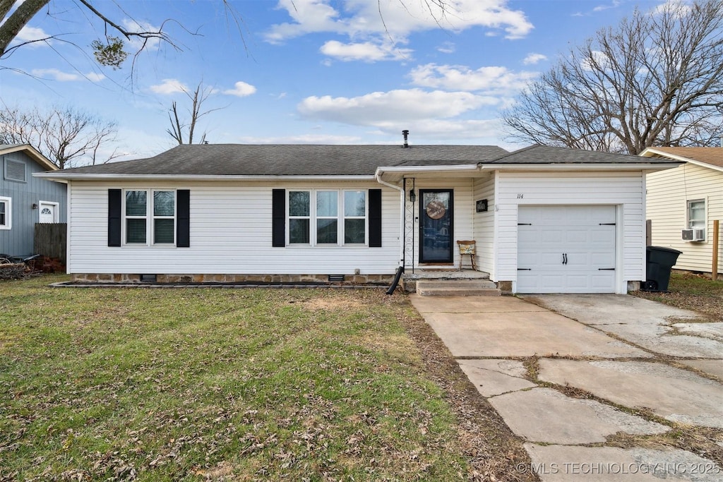 ranch-style home with a front lawn, a garage, and cooling unit