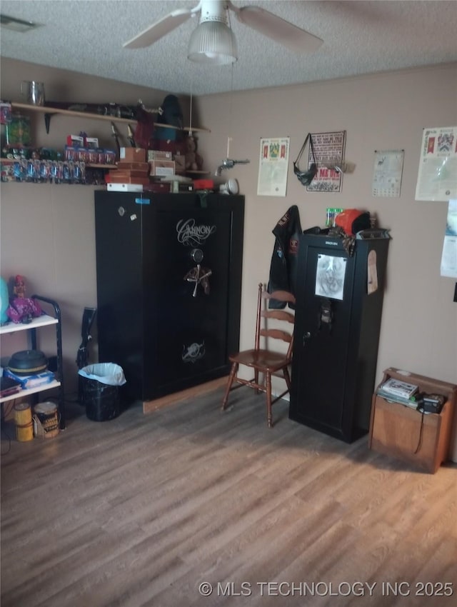 office space featuring a textured ceiling, ceiling fan, and wood-type flooring