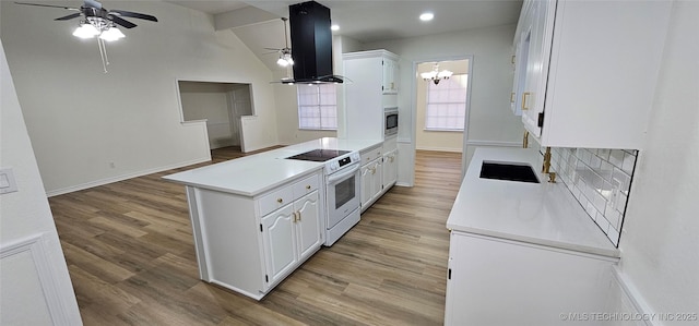 kitchen with white cabinets, ventilation hood, white electric stove, and light hardwood / wood-style floors