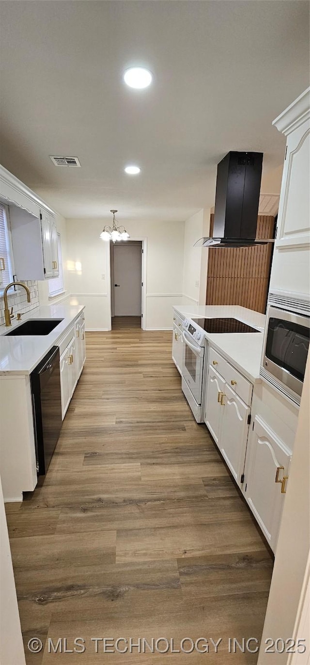 kitchen with white cabinetry, island exhaust hood, black dishwasher, electric range, and sink