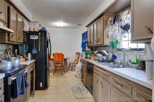 kitchen featuring sink, a textured ceiling, and black appliances