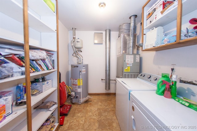 laundry room with washing machine and clothes dryer and water heater