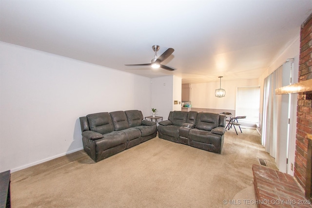 living room with light carpet and ceiling fan