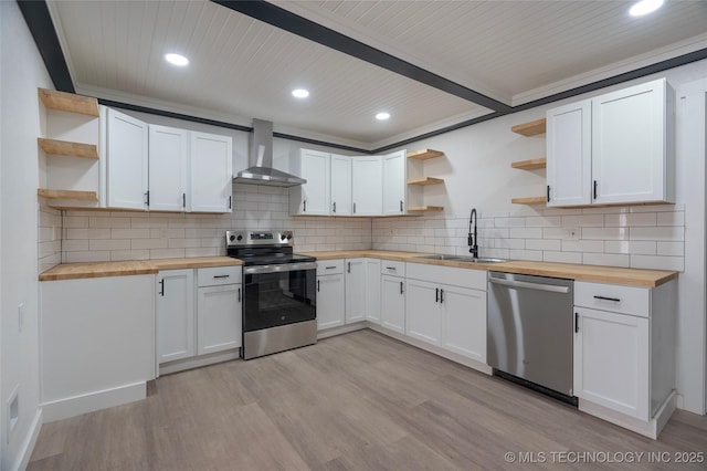 kitchen featuring sink, butcher block countertops, white cabinets, stainless steel appliances, and wall chimney range hood