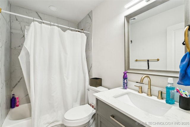 full bathroom with toilet, shower / bath combination with curtain, and vanity