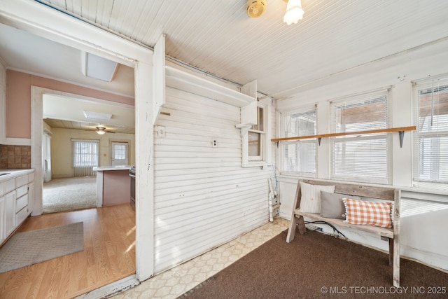 unfurnished sunroom with ceiling fan