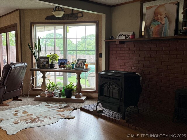 5804 Samuel Rd, Kingston, OK 73439 - living room with a wood stove, wood finished floors, and a textured ceiling