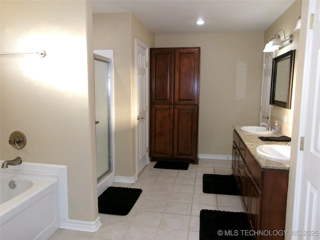 10500 W 123rd Rd, Oktaha, OK 74450 - bathroom featuring plus walk in shower, vanity, and tile patterned flooring