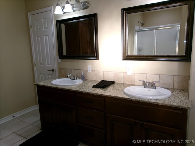 10500 W 123rd Rd, Oktaha, OK 74450 - bathroom featuring decorative backsplash, tile patterned floors, an enclosed shower, and vanity