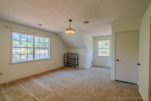 bonus room featuring lofted ceiling, a healthy amount of sunlight, a textured ceiling, and carpet flooring