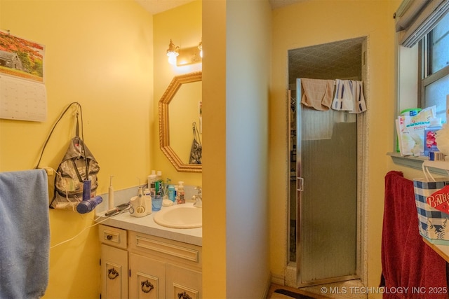 bathroom featuring a shower stall and vanity