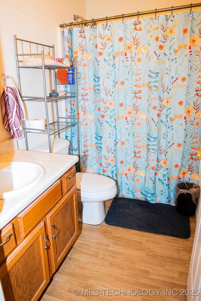 1799 W Main St, Westville, OK 74965 - full bathroom with vanity, toilet, wood finished floors, and a shower with curtain