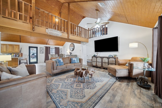 living room featuring high vaulted ceiling, wooden ceiling, hardwood / wood-style flooring, and ceiling fan