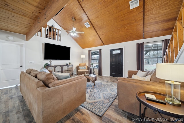 living room featuring high vaulted ceiling, wooden ceiling, dark hardwood / wood-style flooring, and beam ceiling