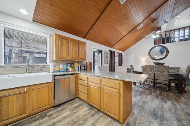 kitchen featuring stainless steel dishwasher, wood-type flooring, kitchen peninsula, sink, and wooden ceiling