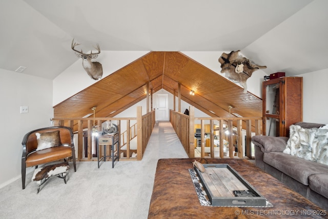 carpeted living room with lofted ceiling and ceiling fan