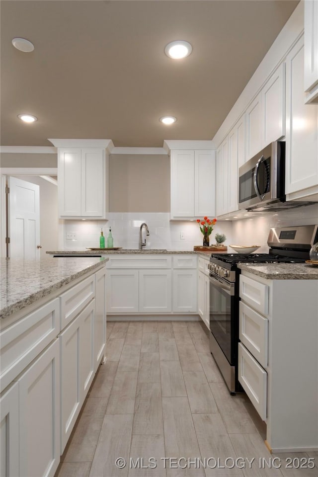 kitchen featuring sink, light stone counters, stainless steel appliances, and white cabinetry