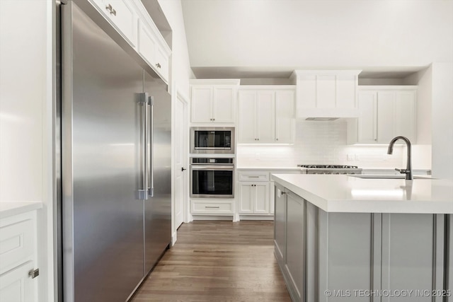 kitchen featuring dark wood-style flooring, light countertops, decorative backsplash, a sink, and built in appliances