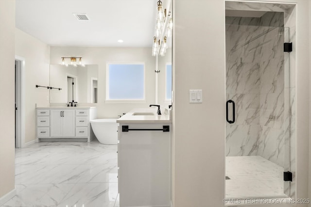 full bathroom with marble finish floor, two vanities, and a marble finish shower