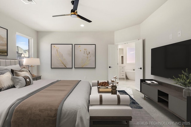 bedroom with ensuite bath, ceiling fan, carpet flooring, and recessed lighting